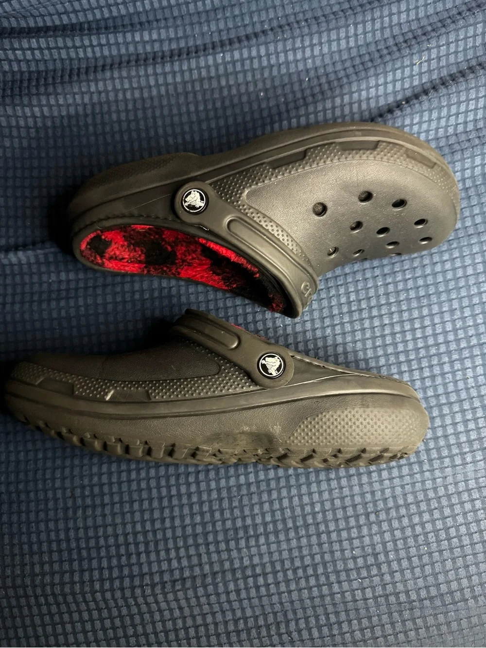 CROCS Black Classic Clog with Red/Black Buffalo Plaid Plush Lining